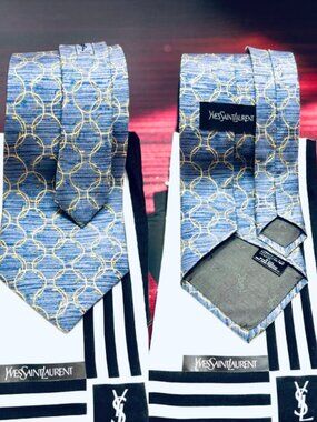 Set New Yves Saint Laurent Necktie Silk & Handkerchief Blue Gold  White Black(18